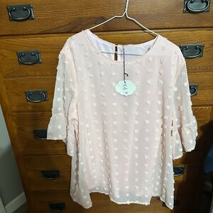 Flutter-Sleeve Swiss Dot Blouse in Blush Pink